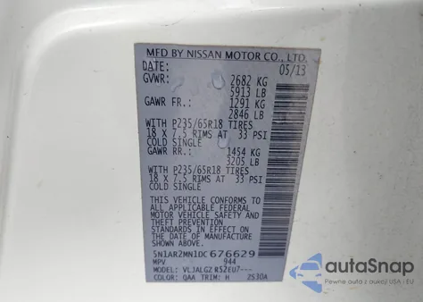2013 Nissan Pathfinder Sl from USA, damaged, VIN 5N1AR2MN1DC676629